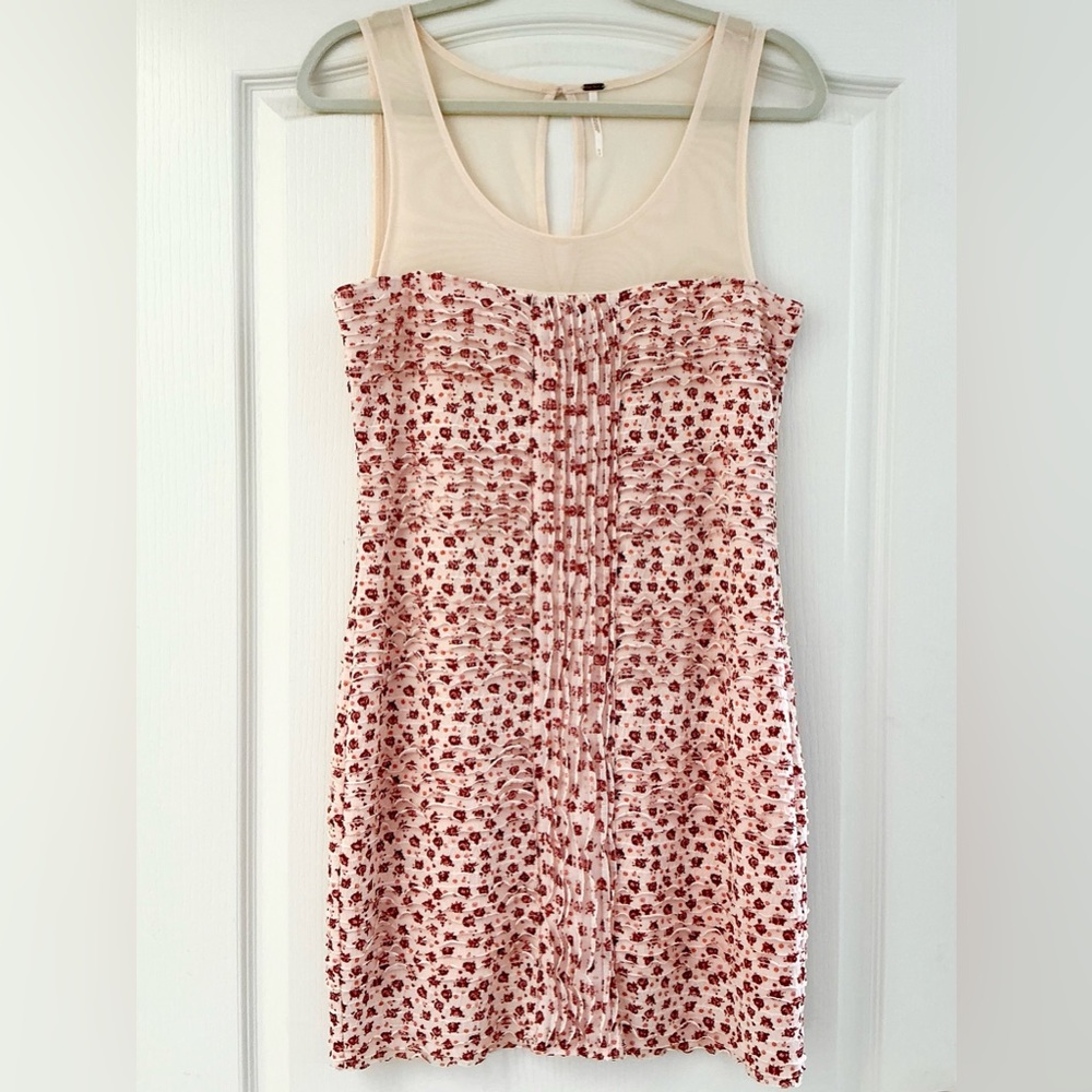 Free People Blush Comb Mesh Ruched Floral Shimmy Mini Dress Body Con Medium